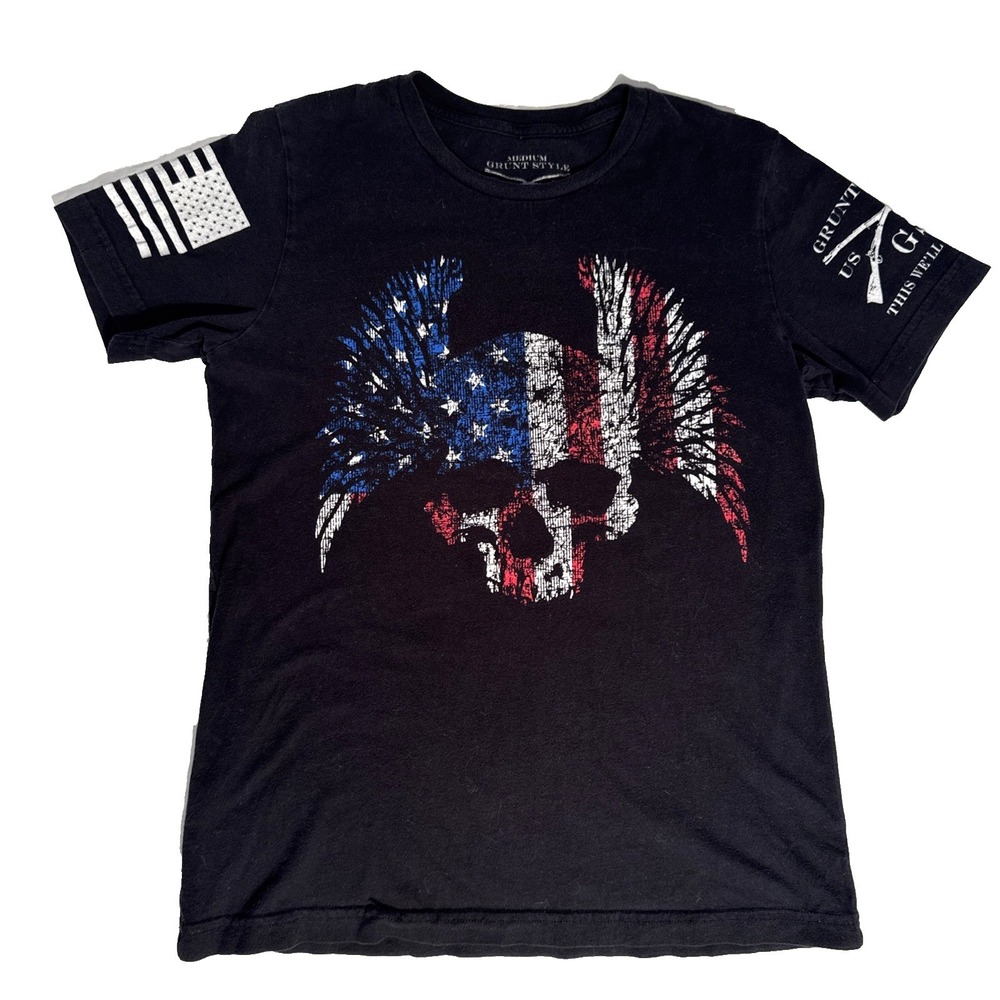 Grunt Style T-shirt Mens Medium Patriotic Winged Skull Flag Black Red White Blue